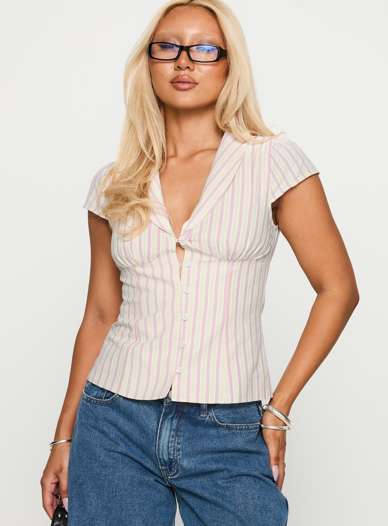 Ellis Island Collared Top Pink Stripe