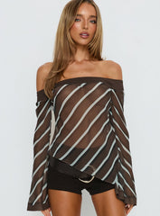 Trinkie Long Sleeve Off Shoulder Chiffon Top Navy Stripe