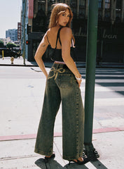 Ribbon Stamp Low Rise Wide Leg Jeans Antique Wash