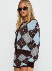 Kenlea Button Up Cardigan Blue Argyle