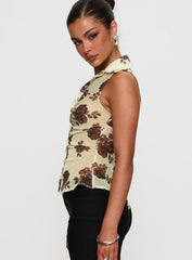 Present Tense Sheer Ruched Top Yellow Floral